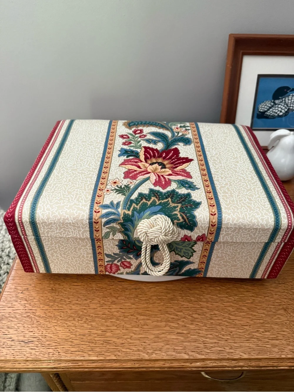 Vintage Rosenthal Fabric covered jewelry boxes photo storage rope detail floral